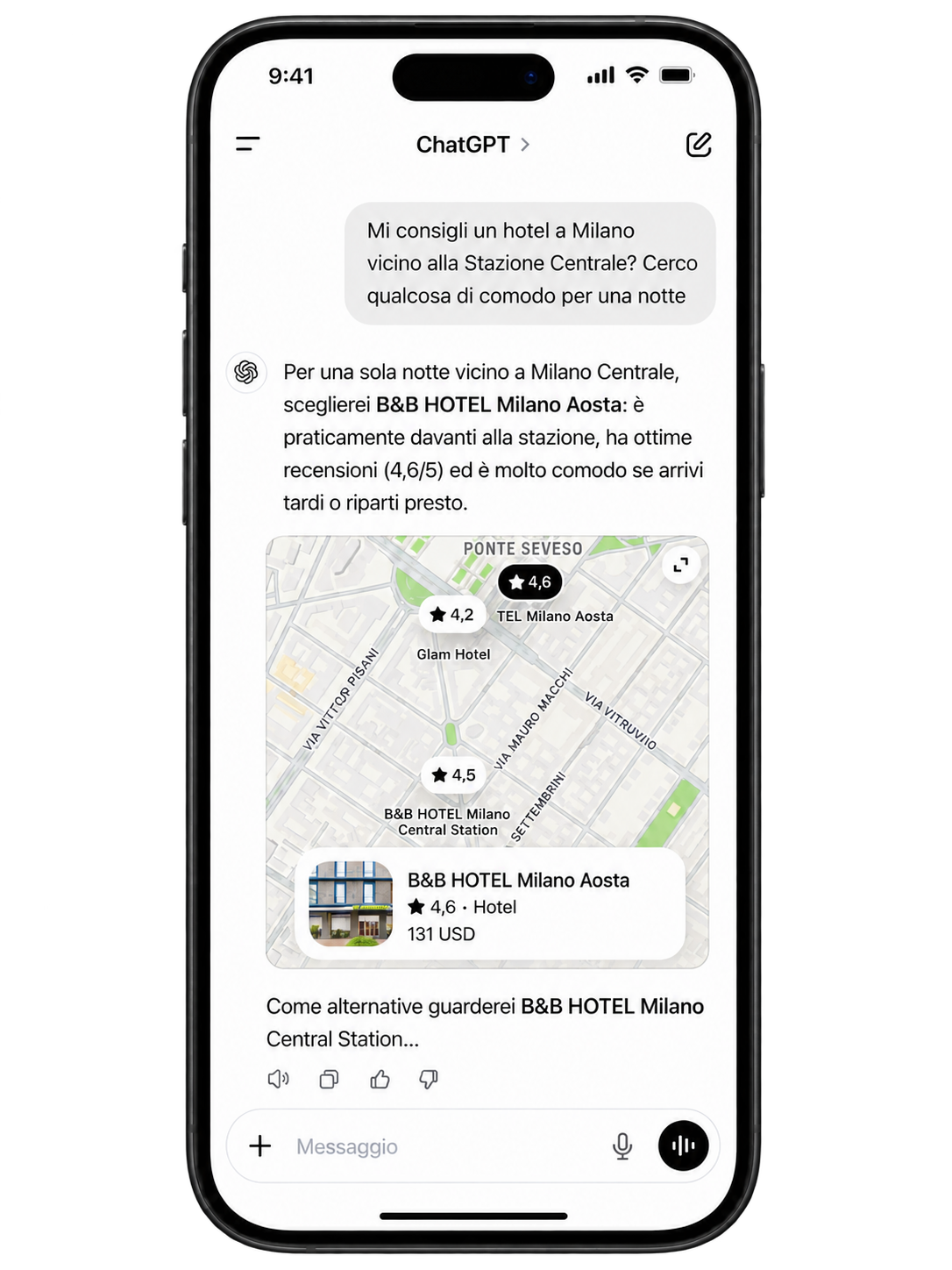 Mockup illustrativo di un iPhone con una conversazione che presenta un’attività locale